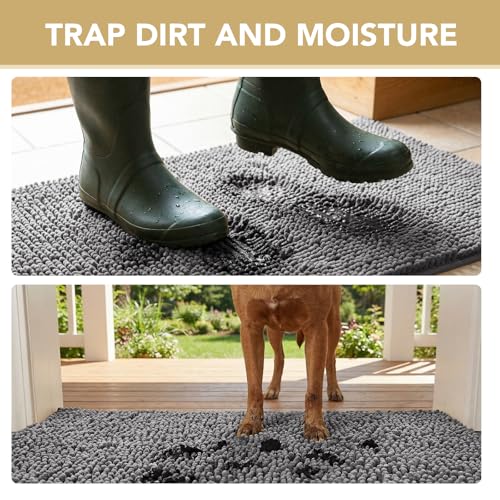 Image of H.VERSAILTEX Dog Door Mat for Muddy Paws Absorbent Dirt Trapper Non Slip Quick Dry Washable Chenille Mats for Dogs Entry Rug for Indoor Outdoor (Grey, 24 inch x 36 inch)