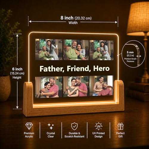 Image of Giftplease Customized Acrylic Photo Frame with LED Light & Wooden Base | Personalized 6-Photo Collage Lamp for Father | Father's Day, Birthday Gift for Papa, Dad, Husband | Warm Glow