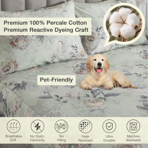Image of Sage Green Floral Percale Sheets California King Deep Pocket, 4Pcs | 100% Cotton Neutral Printed Sheet Set, Flower Leaf Farmhouse Bed Sheets, Vintage Designer Bedding, Shabby Chic, Aesthetic