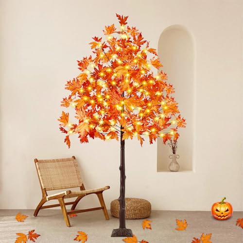 6FT Artificial Lighted Maple Tree, Fall Thanksgiving Decor with Timer, 150 LED Warm White Prelit Light up Fall Maple Tree for Indoor Outdoor Halloween Autumn Home Party Decorations, Orange