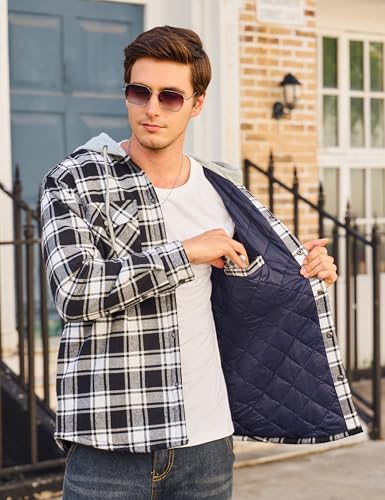 Cotrasen Mens Flannel Shirt Jacket Hooded Quilted Lined Warm Cotton Long Sleeve Plaid Shirt Jackets Button Shacket3