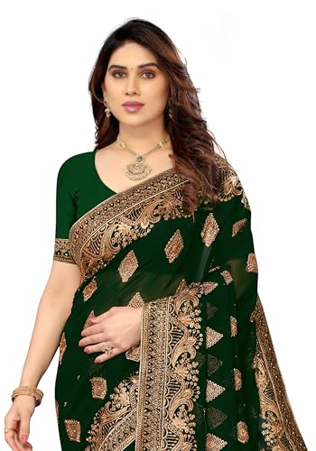 Image of B BELLA CREATION Women's Maroon Georgette Saree with Heavy Golden Embroidery Work & Unstitched Blouse Piece