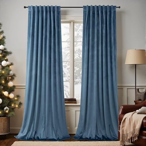 Image of Light Blue Velvet Curtains 108 Inches Long 2 Panels for Living Room Rustic Thick Luxury Insulating Soundproof Darkening Curtain for Bedroom Patio Door 108 in Length Dusty Chambery Slate Blue Grey Gray