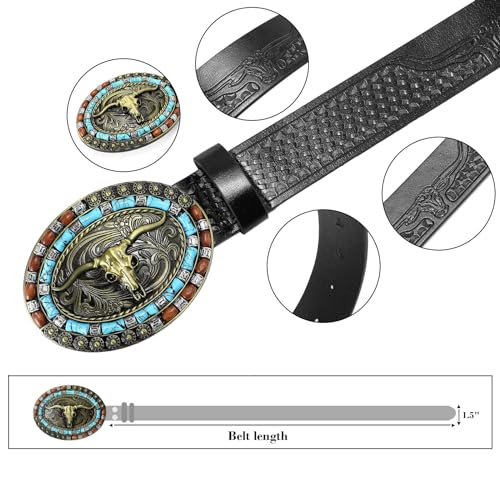 SENDEFN Western Cowboy Belt for Men Women Longhorn Bull Buckle Belt Floral Engraved Belts 1.5" Wide for Jeans3