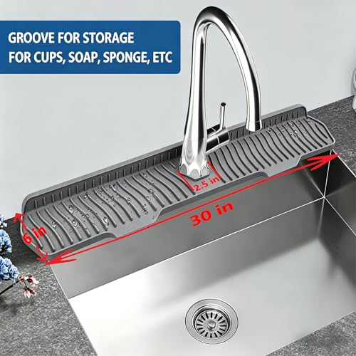 Image of Kitchen Sink Splash Guard Gen2-30 inch x 6'' Silicone Sink Mat Splash Guard fit for Countertop, Bathroom,Farmhouse,RV by EBIGIC (Grey)