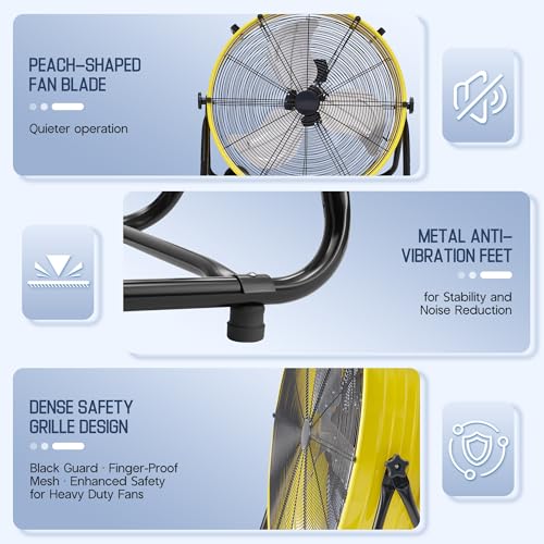 Image of Albott 24 Inch Industrial Floor Fan, High Velocity Drum Fan with 3 Speeds, Heavy Duty Metal Shop Fan with Wheels for Warehouse, Workshop, Garage, Factory Use