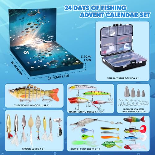 Angel Adventskalender Männer 24 Tage Premiumköder + Sortierbox Weihnachts-angelkalender Geschenk für Papa, Ehemann Freund Jugendliche Angler