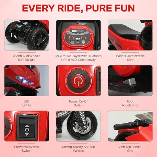 Image of Toyzone Ranger Electric Bike (Red) | 6V Rechargeable Bike for Kids with 4.5Ah Battery | LED Lights, Music, MP3 /USB /BT | Smooth Acceleration | 6M Battery Warranty | Age 2-6 Years, Up to 35kg