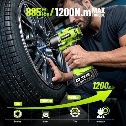 Image of Robustrue Cordless Impact Wrench, 885Ft-lbs (1200N.m) 1 /2 inch Brushless Impact Gun, 21V High Torque Power Impact Driver, 2x4.0Ah Batteries Electric Impact Motor Variable Speeds for Car /Truck RV /Mower