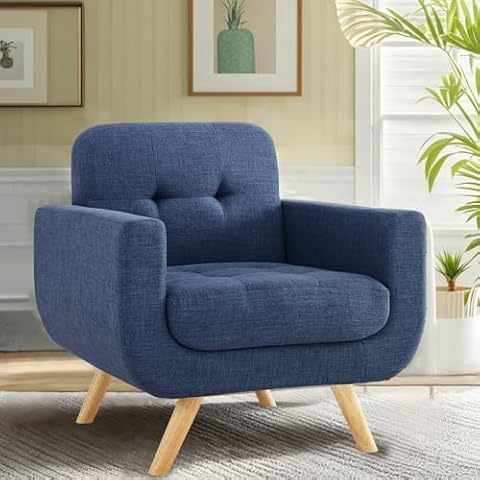 Hevaotry Accent Chair, Comfy Upholstered Armchair with Solid Wood Legs, Linen Fabric Morden High Back Chair for Bedroom Living Room, Reading Accent Chairs Single Sofa Chairs, Navy Cover