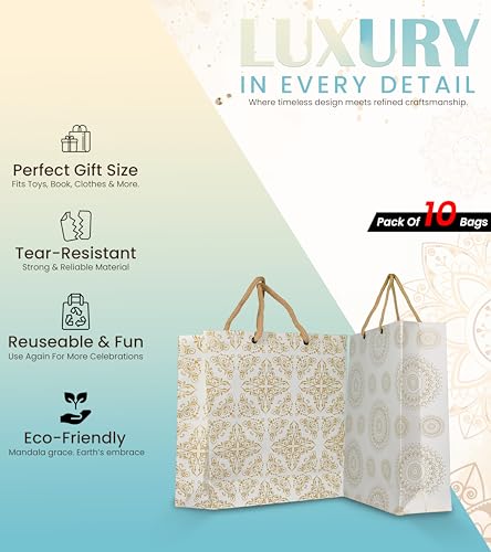 Image of Creative Art White & Gold Paper Gift Bags Small (Pack of 10) - Premium Kraft Paper, Reusable & Eco-Friendly, Perfect for Shopping, Return Gifts, Birthday, Party, Festive & Wedding Gift Packing