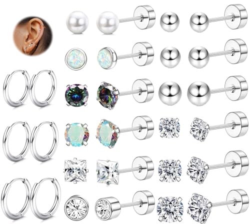 JeweBella Pequeños Pendientes de Aro Plata con Circonita Opalo para Múltiples Piercings Hipoalergénicos para Mujeres y Hombres