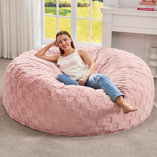 Image of Hobestluk Adults Bean Bag Chair 5FT Big BeanBag Chair Giant Large Oversized | Memory Foam,Washable Cover,Unique Fluffy Plaid,Comfy Adult BeanBag with Filler Lounging Gaming Bedroom Living Room | Pink 5FT