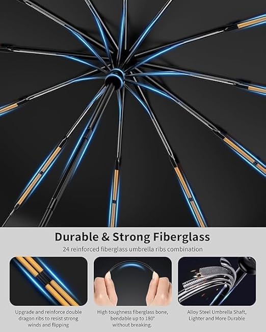 Image of Umbrella for Men Women || Folding Umbrella With Carabiner Handle || 10 Reinforced Ribles || Windproof and Sunproof || Auto Umbrella Big Size for Men /Women /Kids