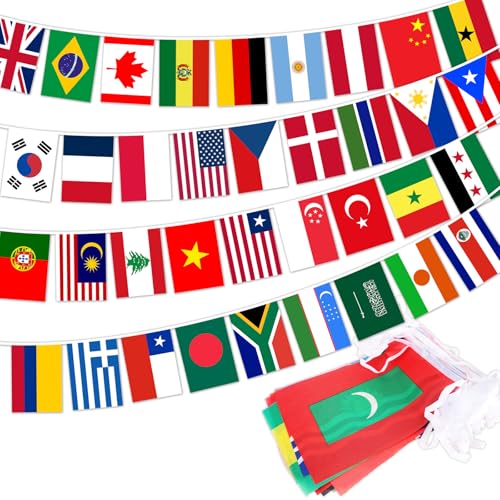 100 Countries String Flags 98ft Polyester Flag Banner Indoor/Outdoor Decor for World Cup Party Classroom Sports Events & Grand Opening