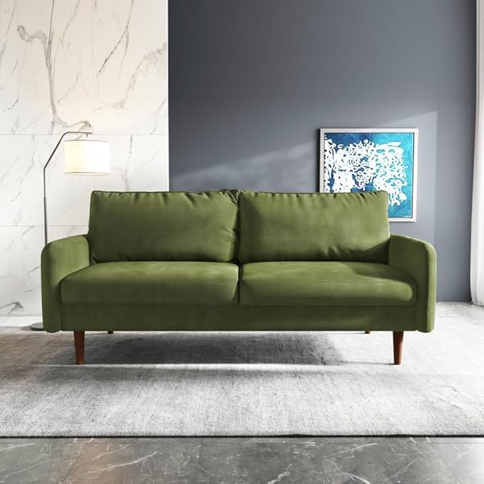 Image of Morrone Velvet Loveseat 3-Seater Sofa, Modern Upholstered Couch for Living Room, Bedroom and Office, Plush Cushion Accent Seating Furniture (Olive Green, 3 Seater)