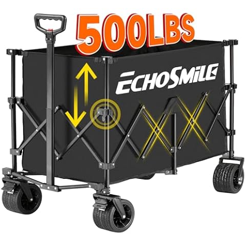 EchoSmile Collapsible Foldable Extended Height Wagon with 500lbs Weight Capacity,Folding Utility Garden Cart with Big All-Terrain Beach Wheels,for Camping, Garden,Sports,Beach,Shopping,Black Cover