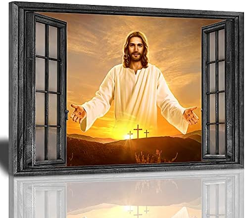 Jesus Christ Canvas Wall Art Jesus Greets You Welcome Back Window View Sunset Poster Christian Religious Modern Artwork Christ Spiritual Prints Framed Wall Decor For Bedroom Living Room 12x16 Inch