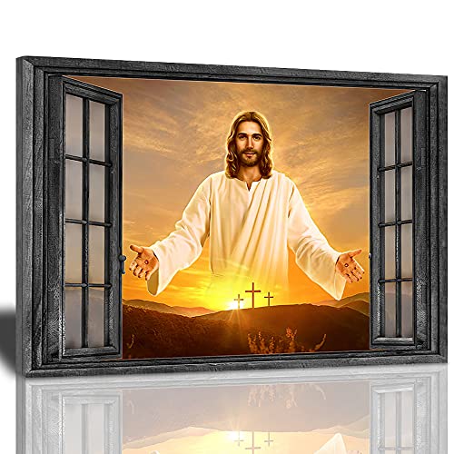 Jesus Christ Canvas Wall Art Jesus Greets You Welcome Back Window View Sunset Poster Christian Religious Modern Artwork Christ Spiritual Prints Framed Wall Decor For Bedroom Living Room 12X16 Inch #TOP2