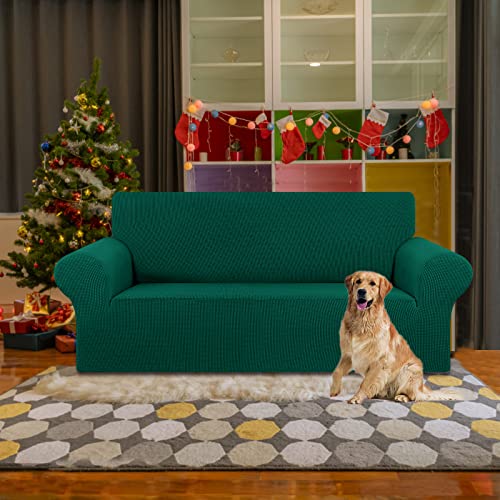 KEKUOU Stretch Loveseat Sofa Cover Slipcover,Couch Covers for 2 Cushion Couch Sofa (55"-78") Furniture Protector Sofa with Elastic Bottom for Kids,Dog. Jacquard Small Checked (Medium,Hunter)