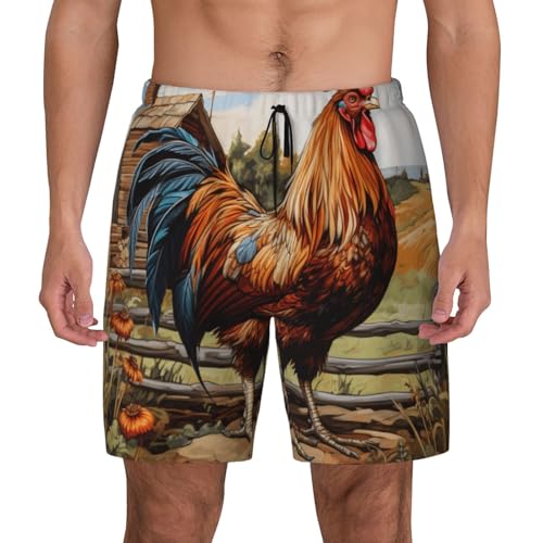 Rooster On Wood in Farmland Print Men Stylish Functionality Swim Trunks Breathable Beach Shorts Surfing Gym Fishing