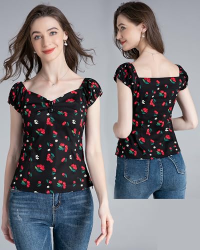 Image of YARN & INK Women's Rockabilly Tops 1950s Pinup Shirt Casual Off Shoulder Vintage Blouse