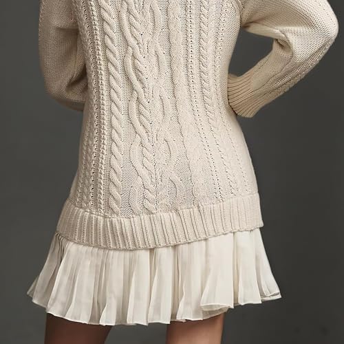 Women Crewneck Cable Knit Sweater Mini Dress Cable Chunky Knit Paneled Pleated Skirt Soft Stretchy Knitted Dress4