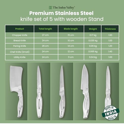 Image of The Indus Valley Stainless Steel Knife | Set of 5 with Wooden Stand | Chef, Bread, Chopper, Utility & Paring Knife Combo Set | Secure Grip Handle | Ideal for Choping, Cutting & Slicing