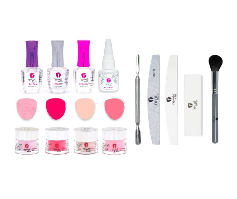 Revel Nail Dip Powder Starter Kit with Dip Powder Liquids & Tool Set, Pretty in Pink