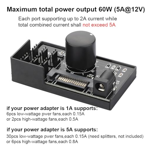 Image of 4 Pin 12V PWM Fan Controller 6 Fans Supported , PC Fan Adapter Hub Powered by SATA and DC 5525, Cooling Fan Speed Knob with Max Total 60W 5A Output