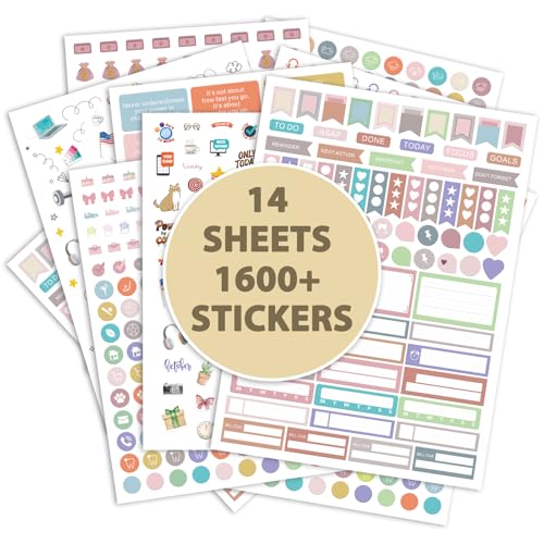 Planner Stickers 1600+ Motivational & Everyday Essentials Writable Stickers for Journaling Scrapbook Aesthetic Scrapbook Supplies Planner Accessories Calendar Stickers for Women Adults and School (14 Sheets)