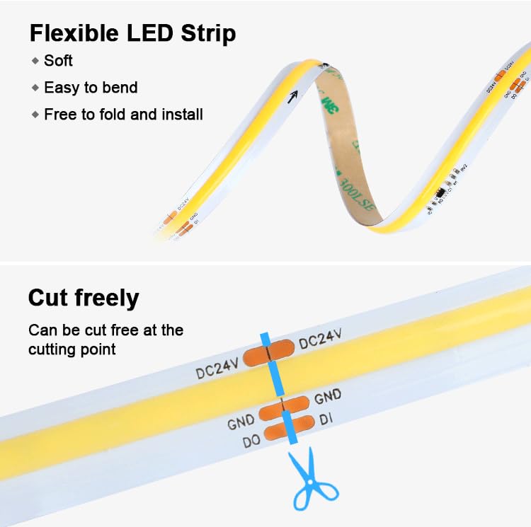 Image of COB FCOB LED Strip WS2811 IC Addressable led Running Water Effects Smart LED Strip Lights Cool Warm White 3000K CRI95+ 360LED /M 16.4FT DC24V for House Indoor Decoration