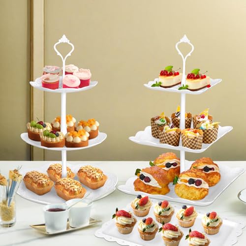 10 Pcs Cake Stand White Plastic Dessert Table Display Set 4 Pcs 3 Tired Cupcake Stand Cookie Tray Rack Serving Tray Cake Display Tower and 6 Pcs Dessert Trays for Wedding Baby Shower Tea Party - Image 6