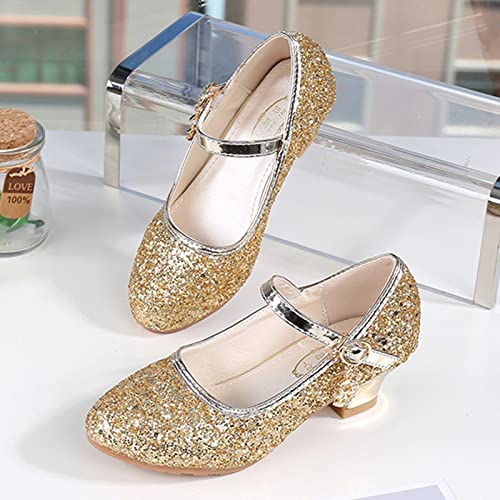 Girls Mary-Jane Glitter Shoes Low Heel Princess Flower Wedding Party Dress Pump Shoes for Toddler Princess Shoes (Gold, 8-9 Years Little Child)2