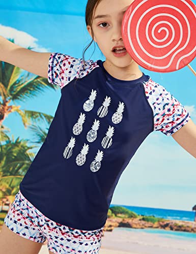 PHIBEE Girls' Short Sleeve Rash Guard Set UPF 50+ Sun Protection Two-Piece Swimwear Navy 6 - Thumbnail 4