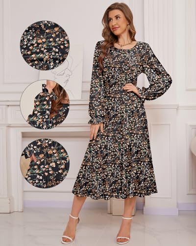 Image of CYiNu Women's Midi Dresses Long Sleeve Crew Neck Flowy Casual Floral Boho Tiered Chiffon Smocked Elegant Dress