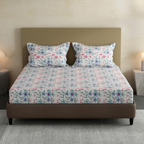 Image of Layers 100% Cotton Fitted Sheet for King Size Bed | Lumina Floret Collection | 144 TC Soft & Breathable | Floral Print with 2 Pillow Covers | Wrinkle Free & Colorfast | 3 Pc Bedding Set - Blue