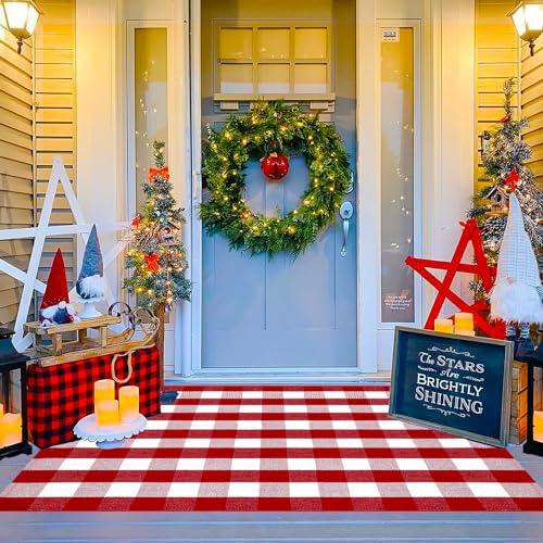 Ckorzen Red and White Plaid Rug, 4' x 6' Christmas Outdoor Front Door Decor Mat, Cotton Hand-Woven Washable Rug for Layered Door Mats Carpet for Porch, Entryway