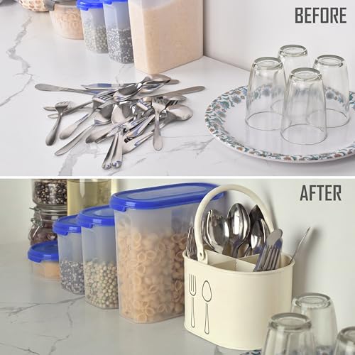 Image of Metal Spoon Stand for kitchen Steel | Cutlery Holder | Spoon Holder | Cutlery stand | Spoon organiser for kitchen - (White 4 partition) (White) 12 months Warranty