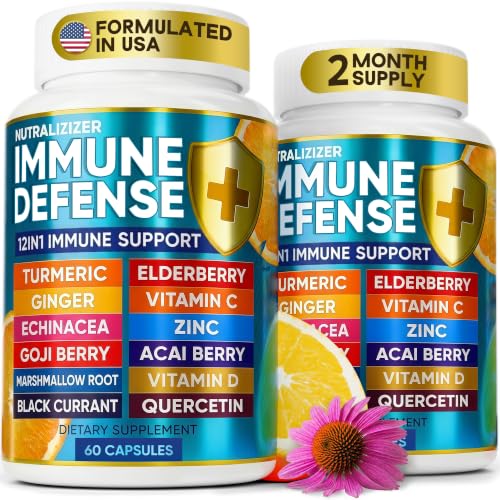 12 in 1 Immune Support Supplement - Immune Defense Vitamins - Elderberry, Vitamin C with Zinc, Vitamin D3, Echinacea, Turmeric, Ginger - Immunity Defense - Natural Blend Health Booster - 120 Capsules