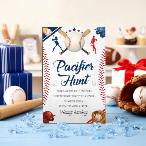 Image of Thyle 51 Pcs Baseball Pacifier Hunt Baby Shower Games a Little Slugger Is on the Way Decoration Include Baseball Theme Hunt Sign and Acrylic Pacifiers Gift Sets for Sports Gender Reveal Party Decor
