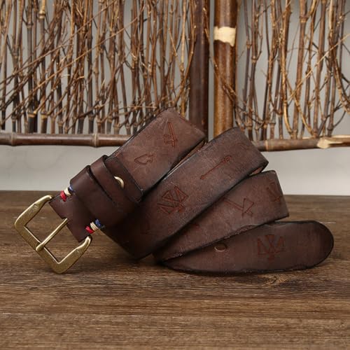 Men Durable Full Grain Leather Classic Belt,Engraved Vintage Pattern W/Rugged Antique Solid Brass Hardware Buckle2