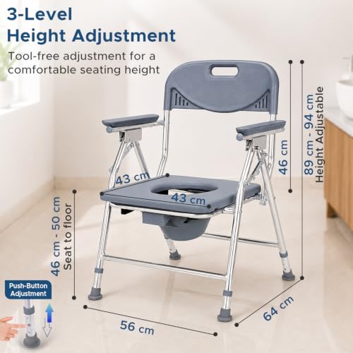 Image of KosmoCare Deluxe Commode Chair - Heavy Duty | Height Adjustable Commode Chair with Aluminium Frame | Toilet Chair with Pot and Lid | Lightweight bedside Commode Chair for Adults, Elderly, & Handicap