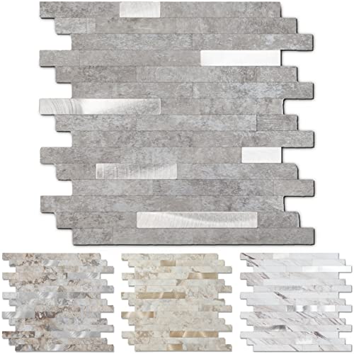 Yipscazo Peel And Stick Stone Metal Tile Backsplash, Faux Gray Marble Look Pvc Mixed Metal Stick On Backsplash Tiles For Kitchen, Bathroom (12'' X 12'', 10 Sheets In Gray) #TOP7