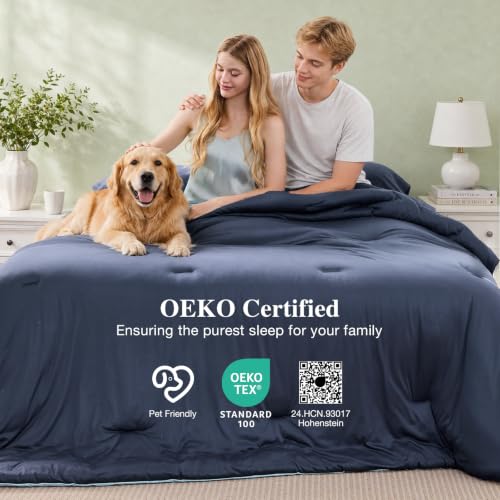 Image of MUXHOMO Cooling Comforter Set Queen Size, Lightweight Summer Comforter for Hot Sleeper, Reversible Bedding with ICY Cooling Surface, Includes 1 Comforter (90 inchx90 inch) and 2 Shams (20 inchx 26 inch), Navy