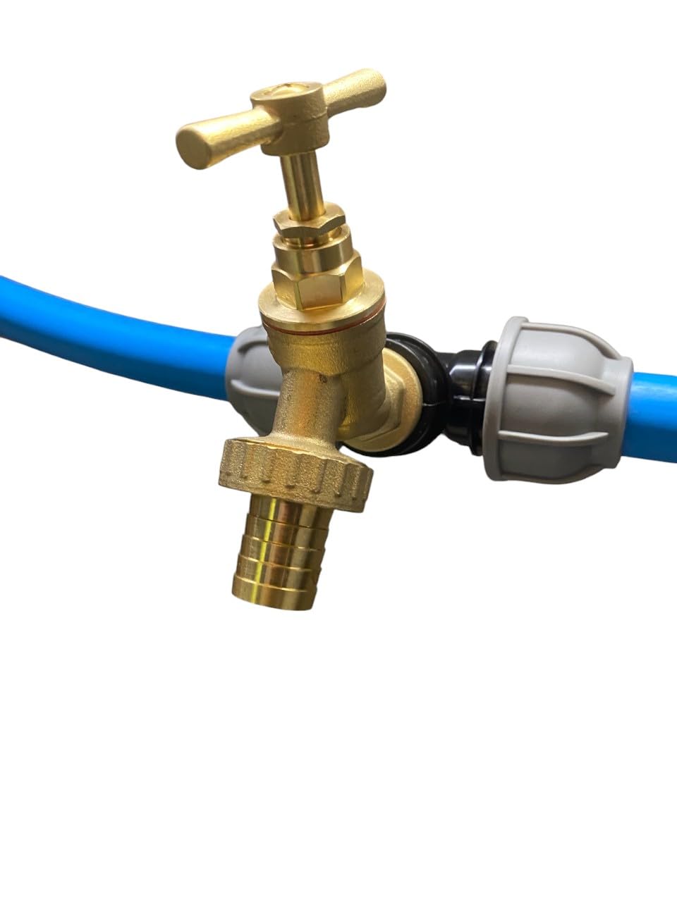 Mdpe Water Supply Pipe tee with Solid Brass bib tap Outlet,fits 20mm,25mm and 32mm Water Pipe,Barb of Quick Hose Connector Options (20mm tee+tap+Barb)