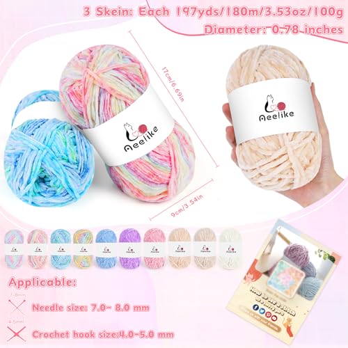 Image of Aeelike 3 Pack Chenille Yarn,Soft Polyester,Each 100g /10.5oz 197yds,Cream | 4 Medium Velvet Yarn,Easy for Beginners Crocheting Animal,with How to See Stitchs Tutorial Video,Ideal Crochet Craft Gift