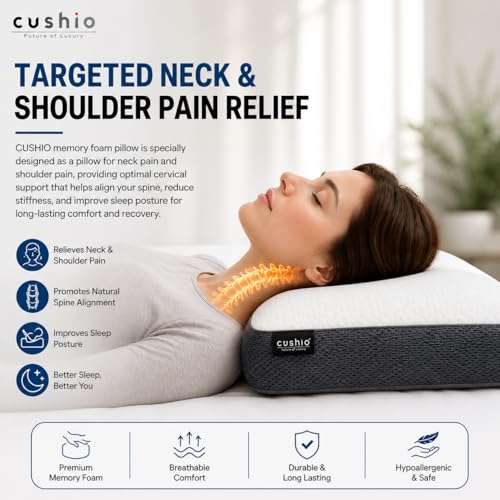 Image of CUSHIO Memory Foam Pillow for Neck Pain and Shoulder Pain, Cervical Orthopedic Pillow 21x13x3 Inch, Ergonomic Memory Foam Neck Support Pillow, Ortho Pillow for Sleeping (Set of 1) White & Grey