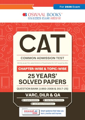 Image of Oswaal CAT (COMMON ADMISSION TEST) | 25 Years'| Chapterwise & Topicwise | Solved Papers |1993 - 2008 & 2017 - 2025| For 2026 Exam