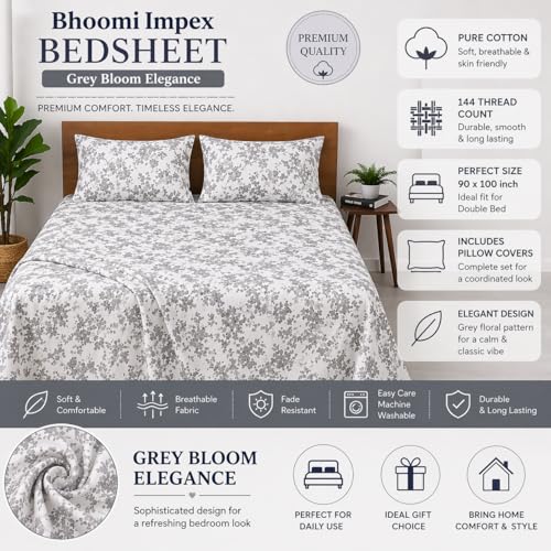 Image of Bedsheet for King Bed Include Pillow Covers | Grey Bloom Elegance Premium Bedding | Pure Cotton 144 Thread Count|108x108 inch - Grey Bloom Elegance